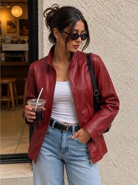 Vintage Jones New York Y2K Red Leather Zip Front Jacket Minimalist Moto Size M